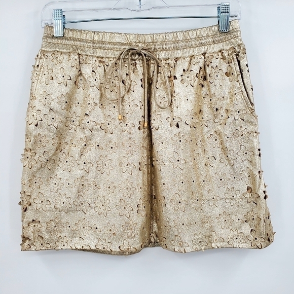 Anthropologie Leifsdottir Floral Cutout Gold Leather Mini Pull-on Skirt